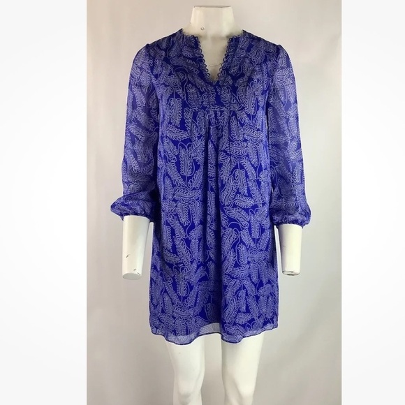 Diane Von Furstenberg Sz 0 100% Silk Aria Tunic Dress Blue Geomtric Print - Picture 2 of 9